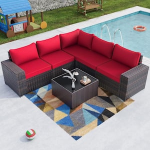 6-Piece Wicker Outdoor Sectional Set with Red Cushion
