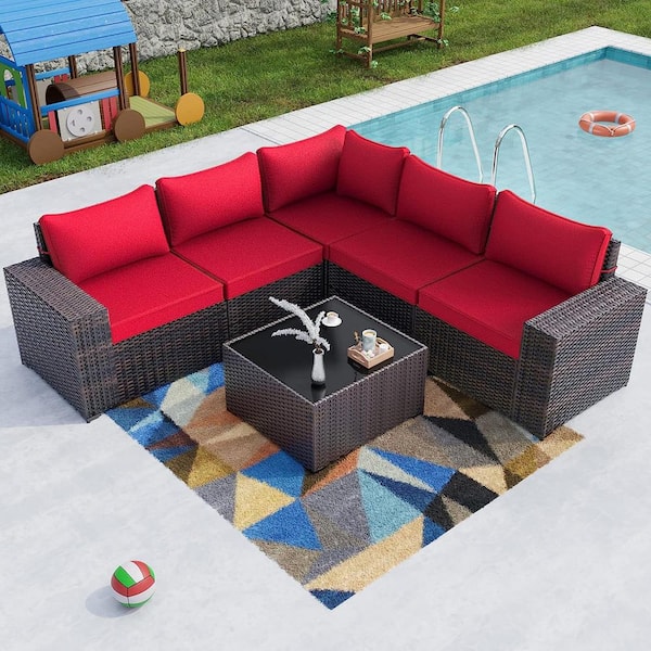 Halmuz 6-Piece Wicker Outdoor Sectional Set with Red Cushion