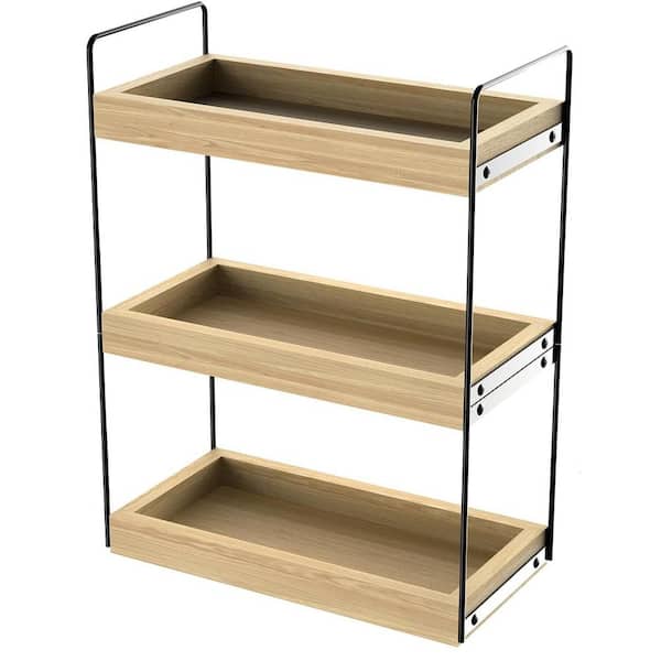 Adrinfly 3-Tier Countertop Bathroom Counter Tray Cosmetic Vanity Organizer in Iron Frame and Paulownia Wood