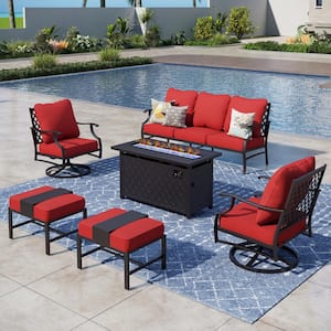 Black Metal Meshed 7 Seat 6-Piece Steel Outdoor Fire Pit Patio Set with Red Cushions Black Rectangular Fire Pit Table