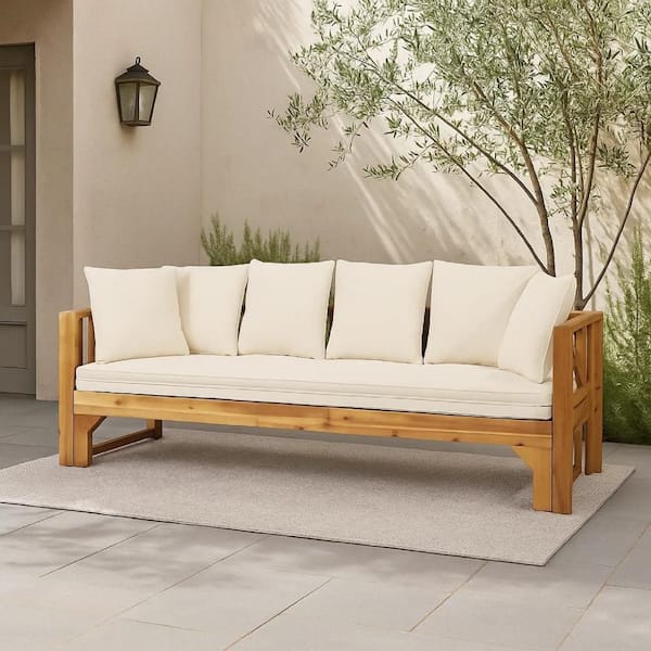 79 in. Brown Acacia Wood Frame Outdoor Day Bed Sofa with Cream Cushions