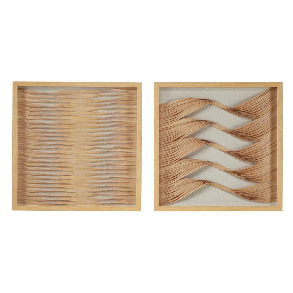 Large Brown Wood and Rattan Shadow Box Wall Art Set