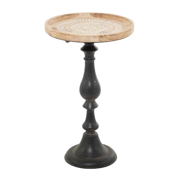 Litton Lane 15 in. Brown Intricately Carved Floral Large Round Wood End Accent Table with Black Metal Base