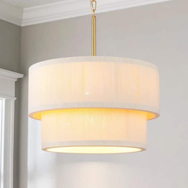 RRTYO Chadley 6-Light Modern Boho Gold Handwoven Ivory Rope Drum Chandelier