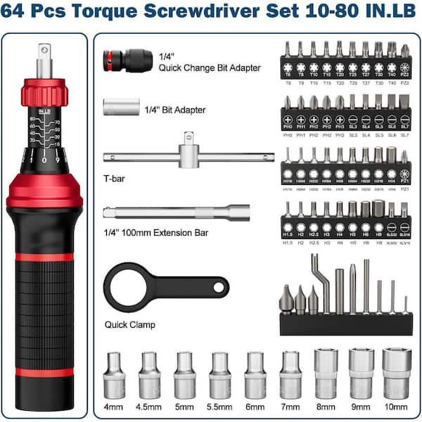 YICHUHAOXI 64-Piece Torque Screwdriver Set T-bar Handle 10-80 in