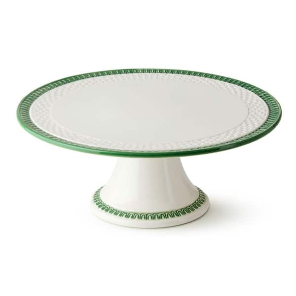 Le Jardin 1-Tier Green and White Embossed Rattan Footed Cake Stand Plate