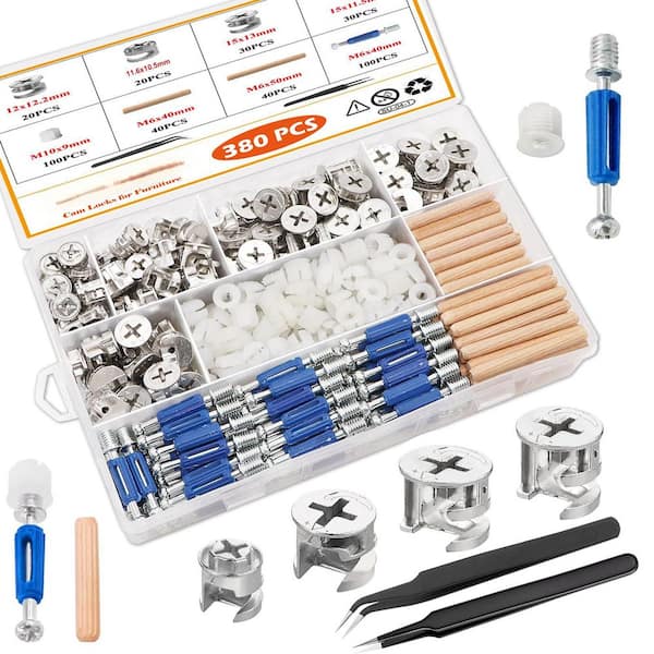 380-Piece Cam Locks with Multi-Size Cam Bolt and Wood Dowel Pins, 3-in-1 Eccentric Wheels Furniture Cam Lock Fasteners