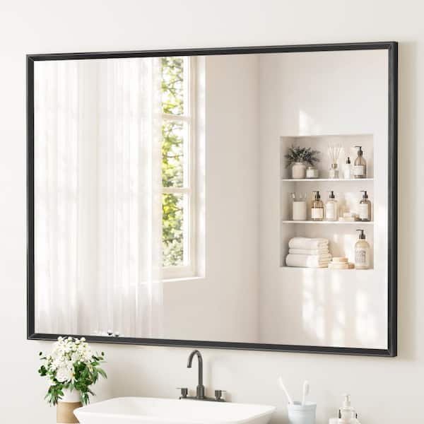 48 in. W x 36 in. H Aluminum Framed Brushed Wall-Mounted Beveled Frame Bathroom Vanity Mirror, Brushed Black