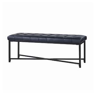 Cristian Navy Genuine Leather Tufted Bedroom Bench with Metal Legs