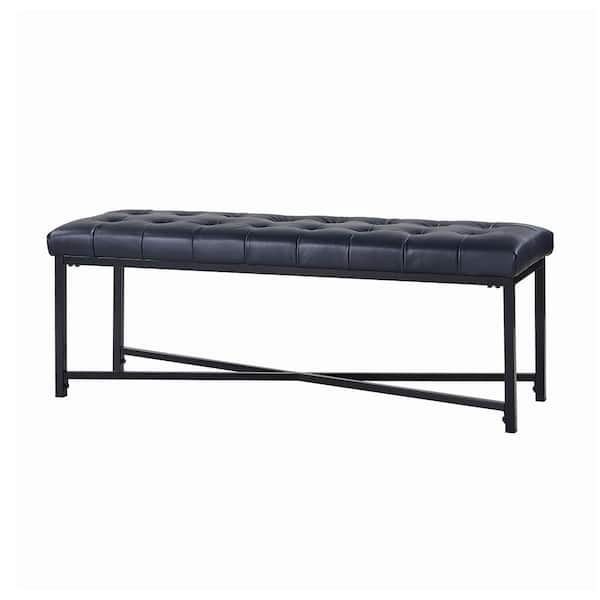 JAYDEN CREATION Cristian Navy Genuine Leather Tufted Bedroom Bench with Metal Legs