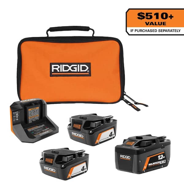 RIDGID 18V 12.0 Ah MAX Output EXP Lithium-Ion Battery with 18V (2) 4.0 Ah Batteries and Charger Kit