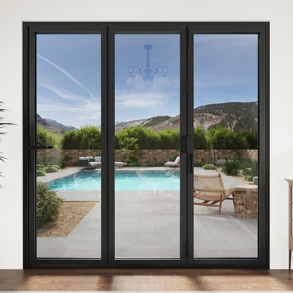 96 in. x 96 in. Left Swing/Outswing Double Tempered Glass Black Aluminum Folding Patio Door w/ Door Stopper (3-Folding)