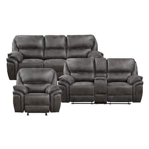 Arlo 90 in. W Pillow Top Arm Microfiber Rectangle 3-Piece Manual Reclining Sofa Set in Gray