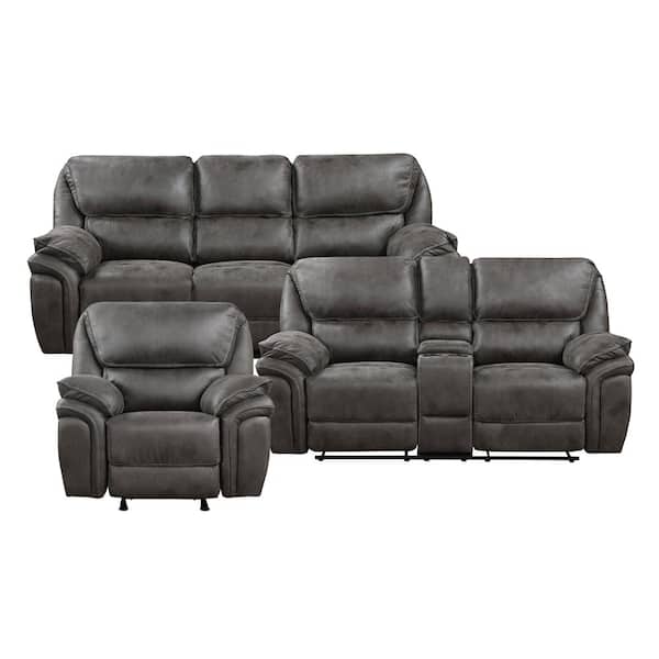 Arlo 90 in. W Pillow Top Arm Microfiber Rectangle 3-Piece Manual Reclining Sofa Set in Gray