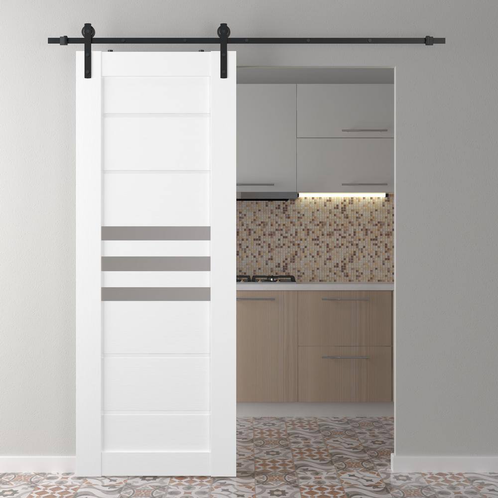 Snow White Composite Sliding Barn Door with Frosted Glass Panels