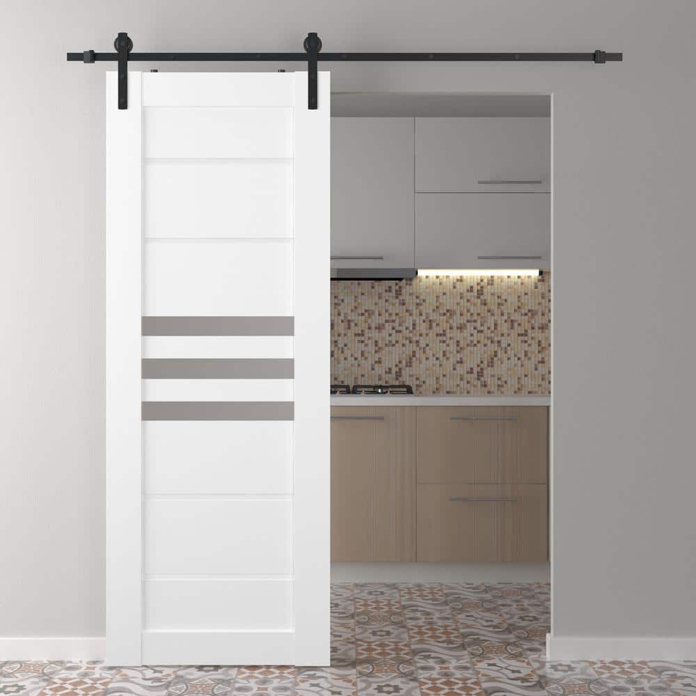 Snow White Composite Barn Door with Frosted Glass Panels and Black Hardware Kit