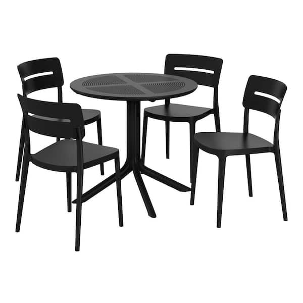 WESTIN OUTDOOR Frond and Form Modern Outdoor Patio Poly Plastic 5-Piece Round Table Dining Set w/ 4 Stackable Chairs in Black