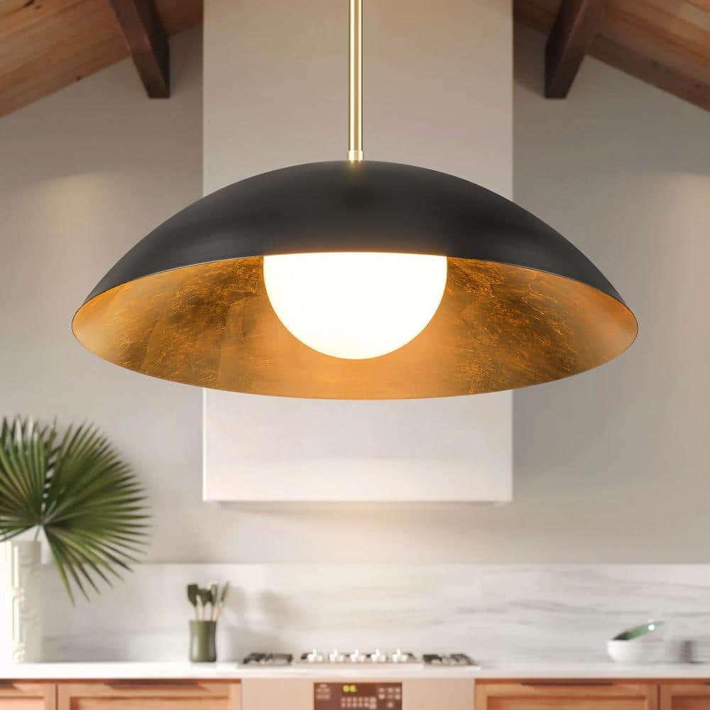 Jin 1-Light 23.62 in. Black Mid-Century Modern Pendant Light with Opal Glass Shade price history on PriceWatchPro