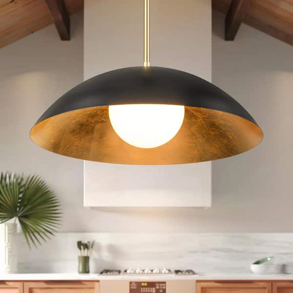 Rennnsan Jin 1-Light 23.62 in. Black Mid-Century Modern Pendant Light with Opal Glass Shade