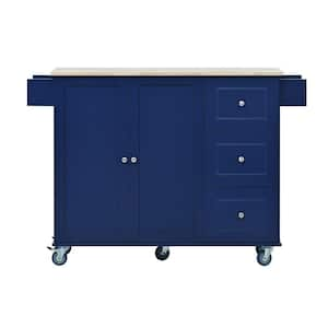 Dark Blue Solid Wood Kitchen Cart with Storage Cabinets