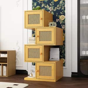 33.4 in. Tall Yellow Wood Grain 8-Shelf Block Stacking Wooden Bookcase, Side Table, Nesting Table with 4-Rattan Doors