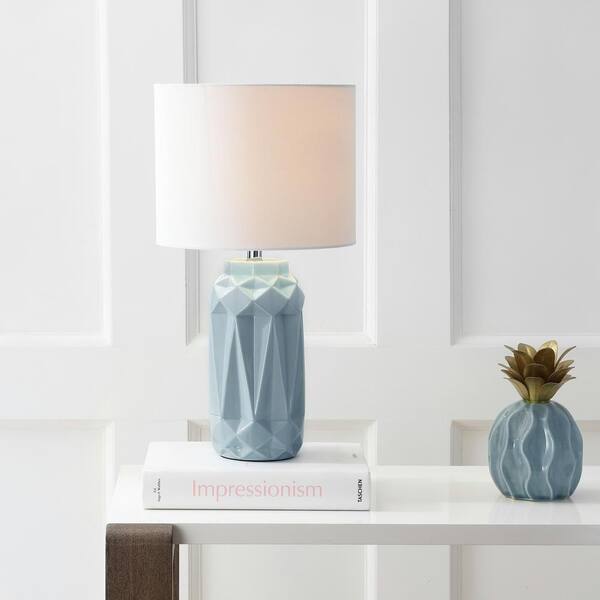 SAFAVIEH Kelesie 18 in. Light Blue Geometric Table Lamp with White Shade
