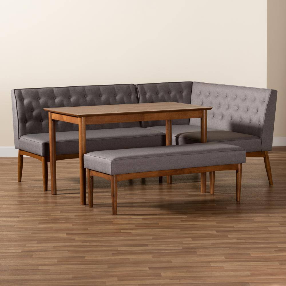 Riordan Mid-Century Modern Grey Upholstered Walnut Wood Dining Nook Set