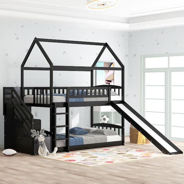 Espresso Twin Wood House Bunk Bed, How To Build A Bunk Bed With Stairs And Storage