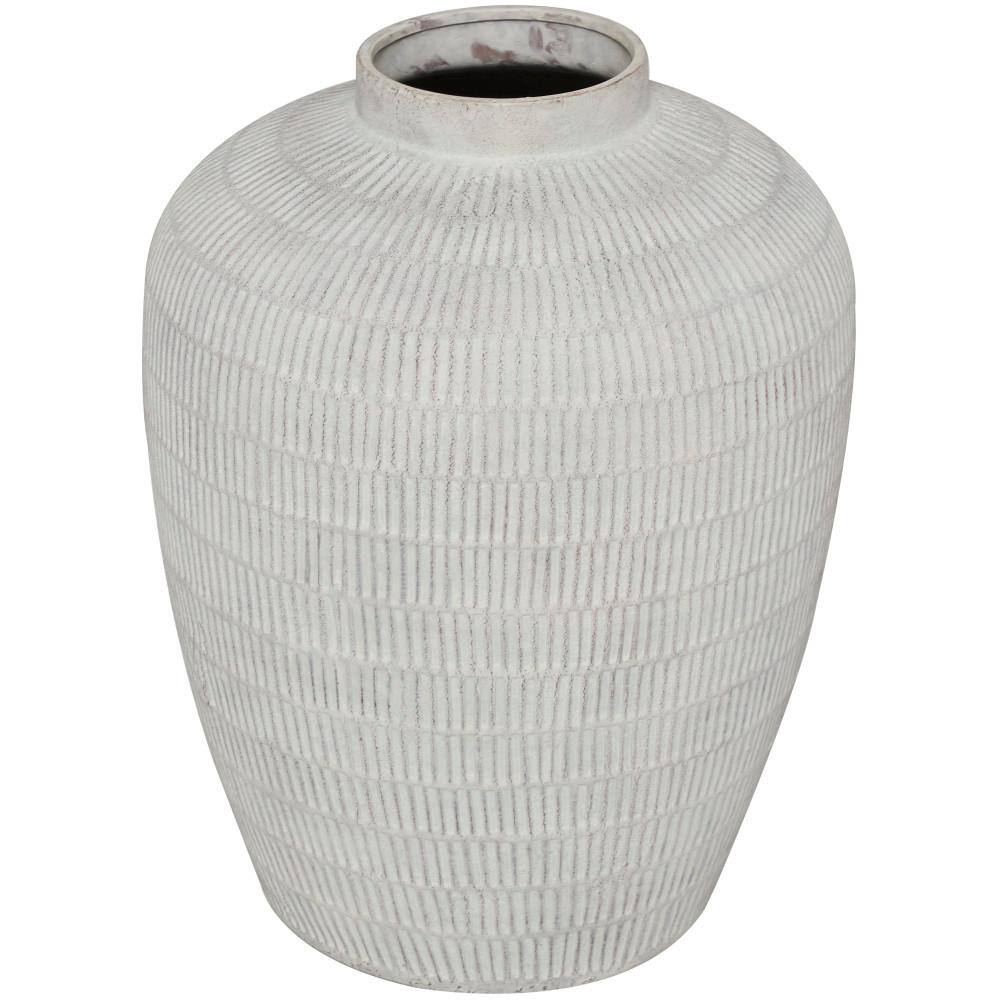 Litton Lane 19 in. Cream Textured Ceramic Decorative Vase with Linear Pattern