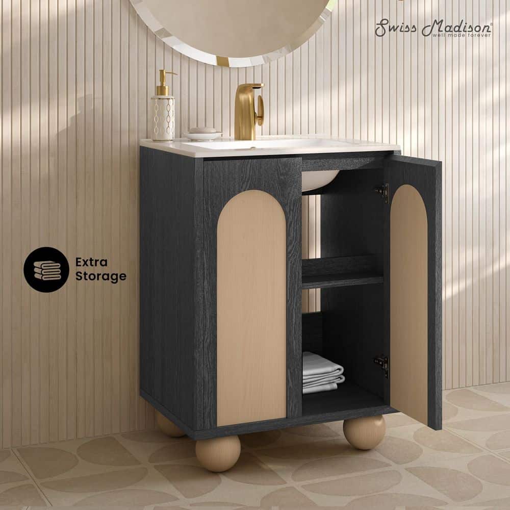 Plaisir II 24" Black Oak and Beige Freestanding Bathroom Vanity with White Ceramic Sink