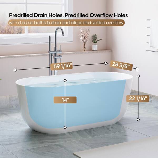 59 in. Oval Pure Virgin Acrylic Flatbottom Freestanding Soaking Bathtub in White with Drain and Overflow Included
