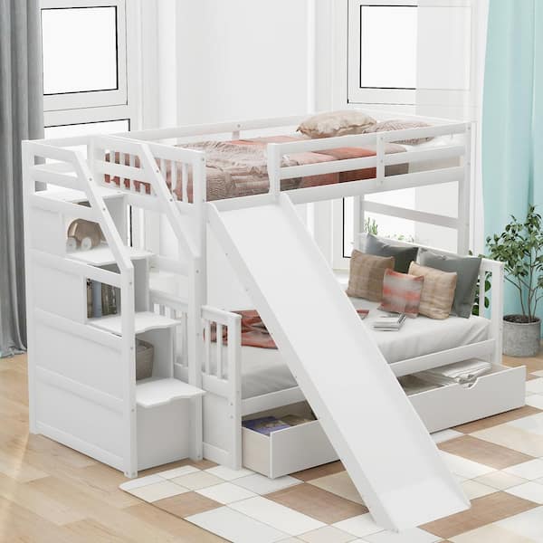 White Twin Over Full Bunk Bed Frame with Slide and Staircases, Wooden Kids Bunk Bed Frame with 2 Storage Drawers