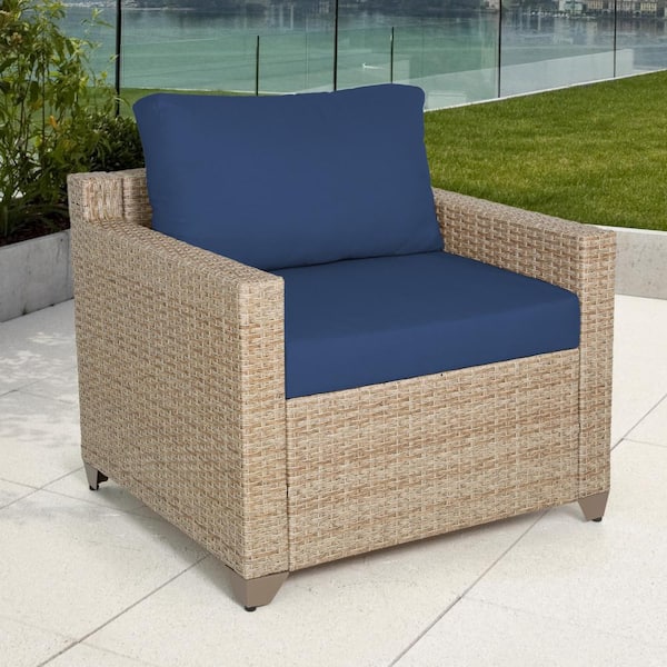 TK CLASSICS Maui Outdoor Club Chair in Natural Aged Wicker with Cobalt Cushions
