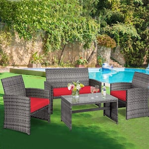 8-Pieces Patio Outdoor Rattan Conversation Furniture Set with Red Cushion