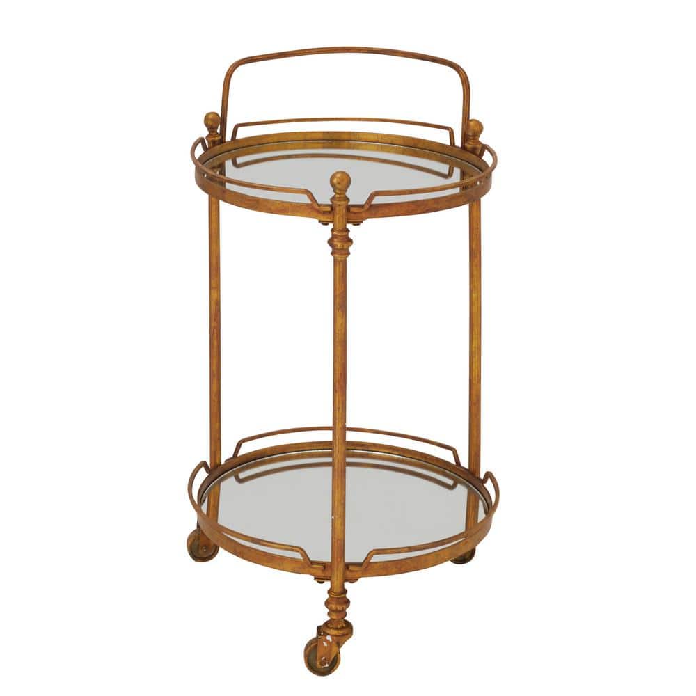 Elegant Brass 19" Round Bar Cart with Mirrored Shelves and Wheels
