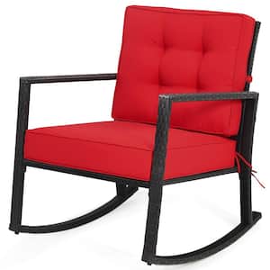 Wicker Indoor and Outdoor Rocking Chair with Red Cushion Lawn