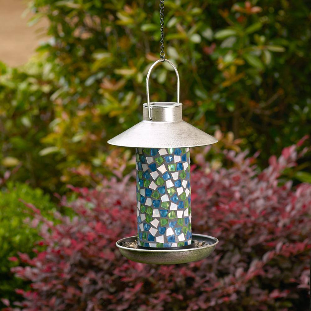 Adelie Blue Mosaic Glass and Metal Hanging Bird Feeder with Solar Light