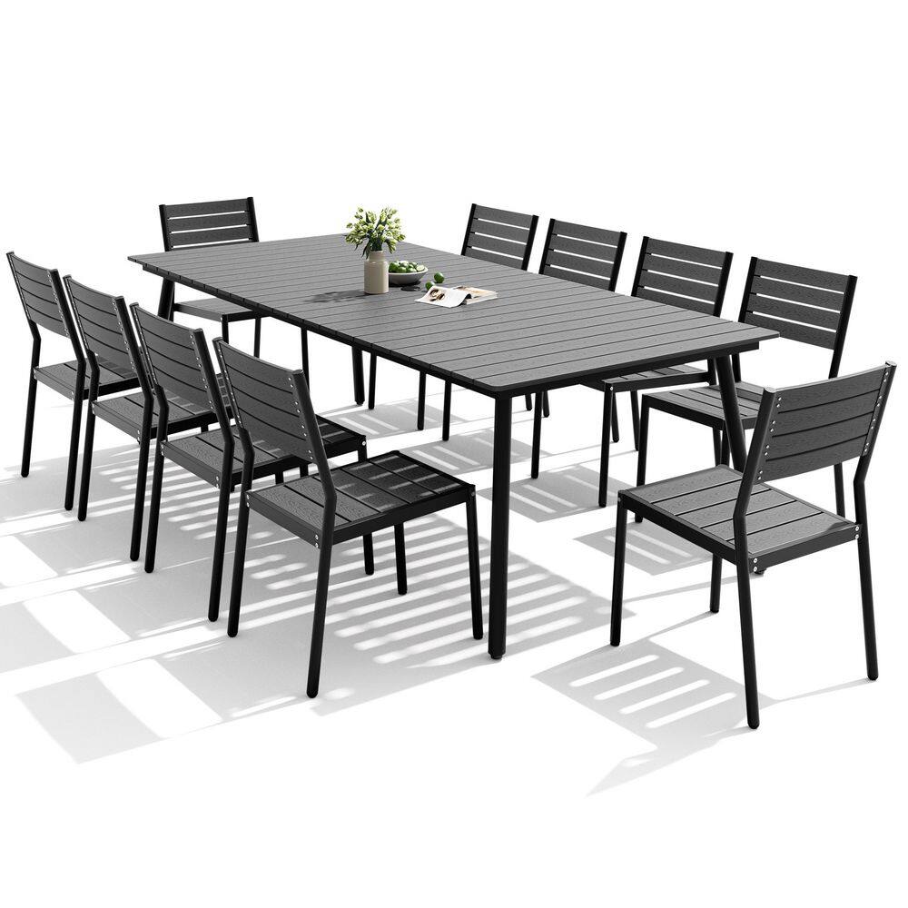 11-Piece Aluminum Frame Wood-Plastic Composite Rectangular Outdoor Dining Table Set with Umbrella Hole, Dark Gray