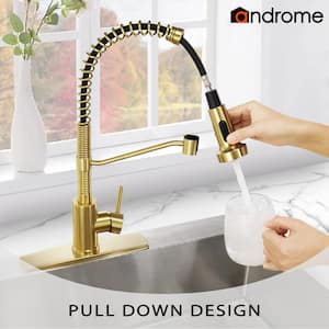Single Handle Pull Down Sprayer Kitchen Faucet in Gold