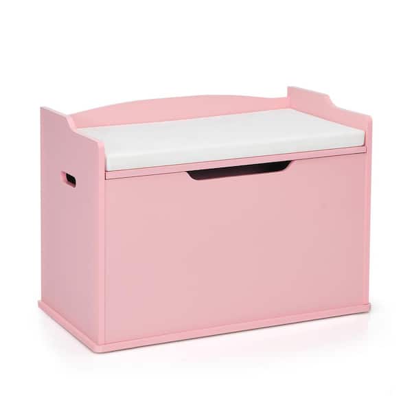 Pink Kids Toy Box Wooden Flip-top Storage Chest Bench with Cushion Safety Hinge