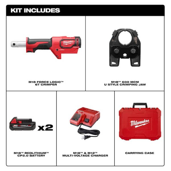 M18 18V Lithium-Ion Cordless FORCE LOGIC 600 MCM Crimper Kit W/(2) 2.0Ah Batteries, Charger, Hard Case