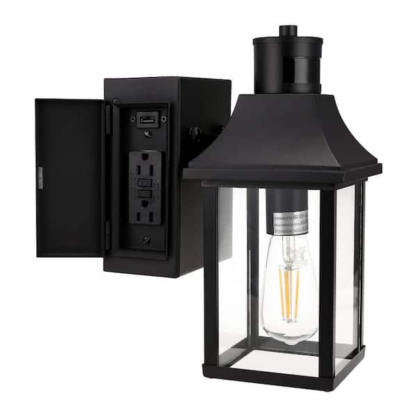 1-Light Outdoor Black Dusk to Dawn Motion Sensor Wall Lantern Sconce with Clear Glass and Built-In GFCI and USB Outlets