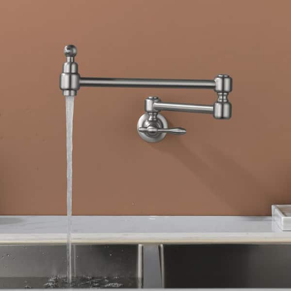 Wall Mounted Double Handle 1.8 GPM Pot Filler with 2 Built- in Ceramic Cartridge and Mounting Hardware in Brushed Nickel