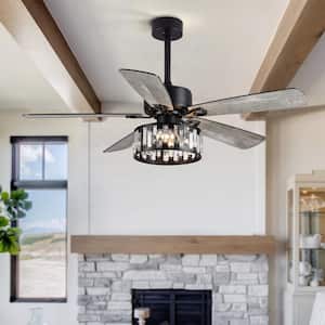 Ralap 52 in. Indoor Chandelier Black Ceiling Fan with Crystal Light Kit and Remote Control