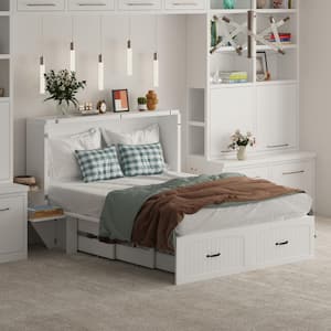 White Wood Frame Full Size Bed Murphy Beds Storage Cabinet With Drawer, 2-Nightstand and Wheels