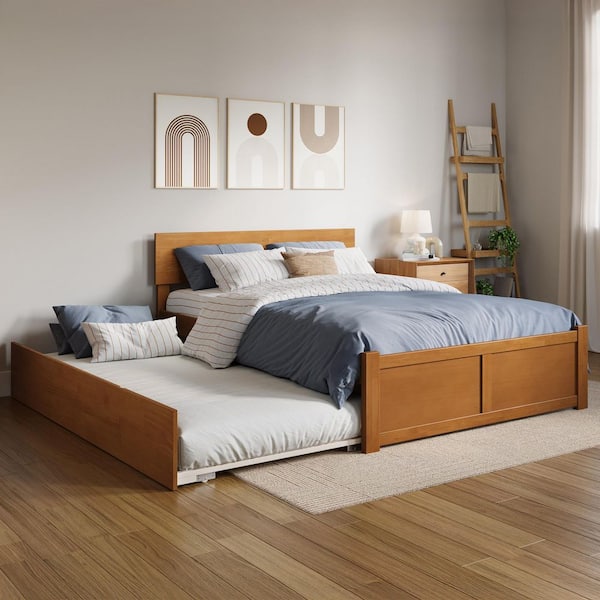 AFI Orlando Light Toffee Natural Bronze Solid Wood Frame Full Platform Bed with Footboard and Twin Trundle