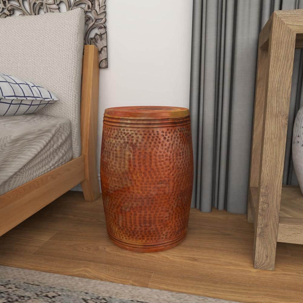 Copper Hammered Metal Drum Shaped Accent Table