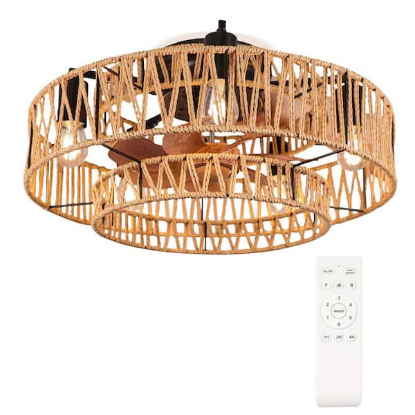 BICIK 20 in. Indoor Black Bohemia Style Cage Flush Mount Ceiling Fan with Remote and 7 Wood Grain ABS Blades