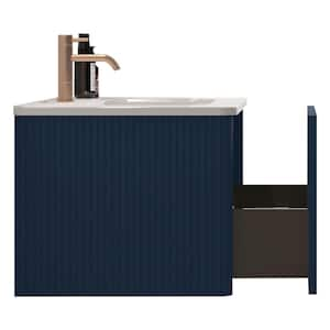 30 in. Wall Mounted Floating Bath Vanity with White Single Ceramic Basin Top and Push Open Drawer in Navy Blue