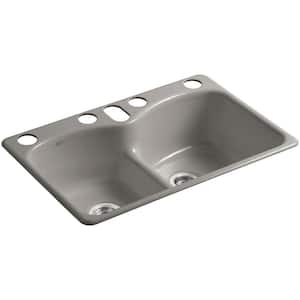 Langlade Smart Divide Undermount Cast-Iron 33 in. 6-Hole Double Bowl Kitchen Sink in Cashmere